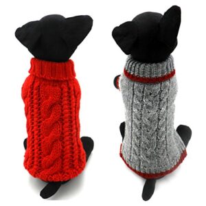 Dofyou Pack of 2 Turtleneck Classic Cable Knit Dog Cat Pet Sweater Apparel Classic Red and Grey (M)