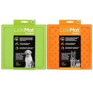LickiMat 8"X8" Pack of 2 Slow Feeder for Dogs Boredom & Anxiety Reducer for Food Treats Yogurt Peanut Butter Fun Alternative to a Slow Feed Dog Bowl Classic Dog Buddy & Soother (Green & Orange)
