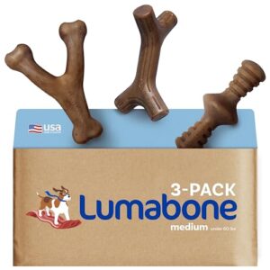 Lumabone Real Bacon Medium 3-Pack Durable Dog Chew Toys for Aggressive Chewers, Made in USA – Wishbone, Wag-n-Roll, Stick